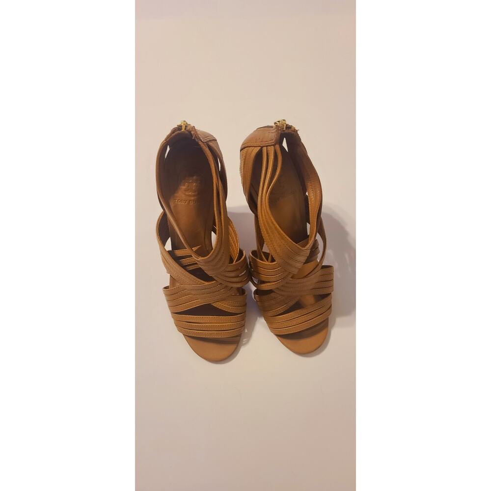 Tory Burch Womens Back Zip Stiletto Strappy Sandals Brown Leather Size 7M EUC
